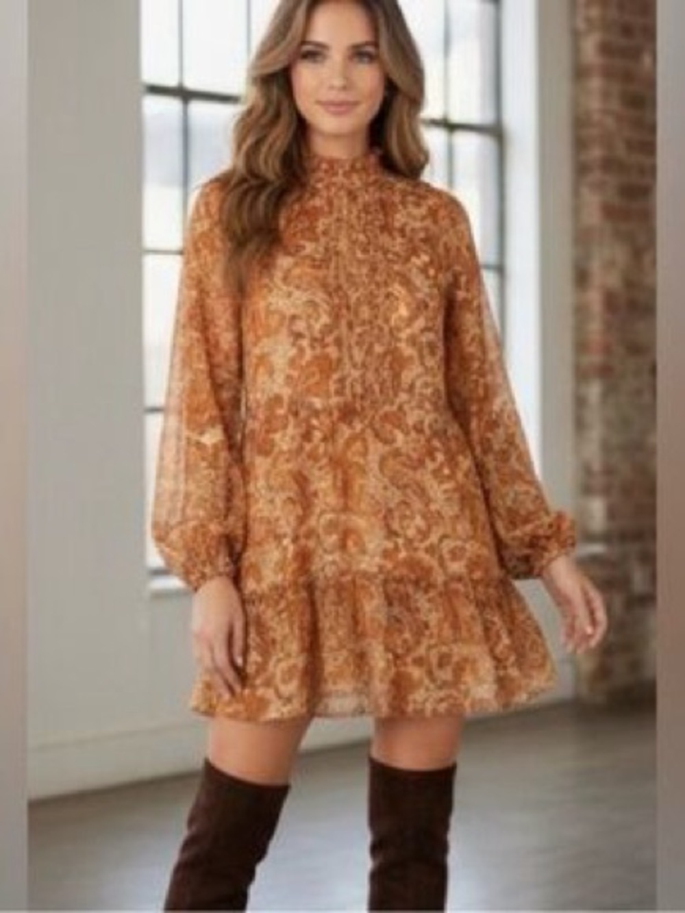 House of Harlow 1960 Tiered Long Sleeve Paisley Print Mini Shift Dress Size 10